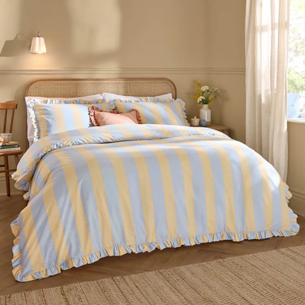 Birdie Stripe Ruffle Duvet Cover Set, Lemon & Sky Superking(6'),Kingsize(5'),Single(3'),Double(4')