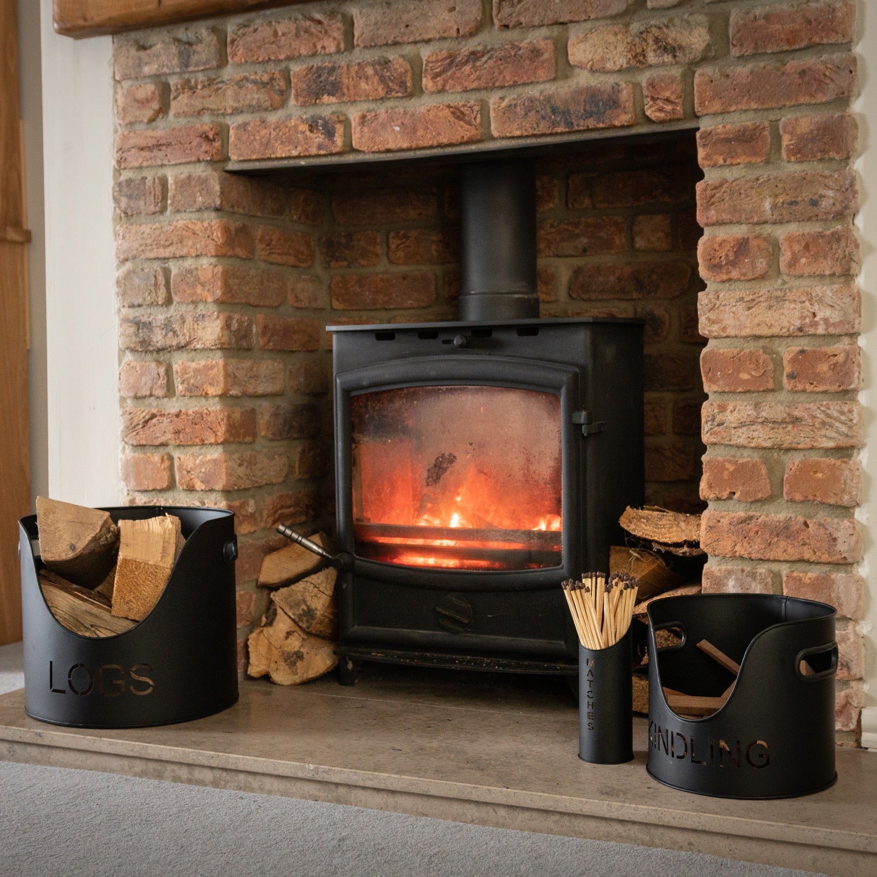 Black Finish Logs And Kindling Buckets & Matchstick Holder - Angela Reed -