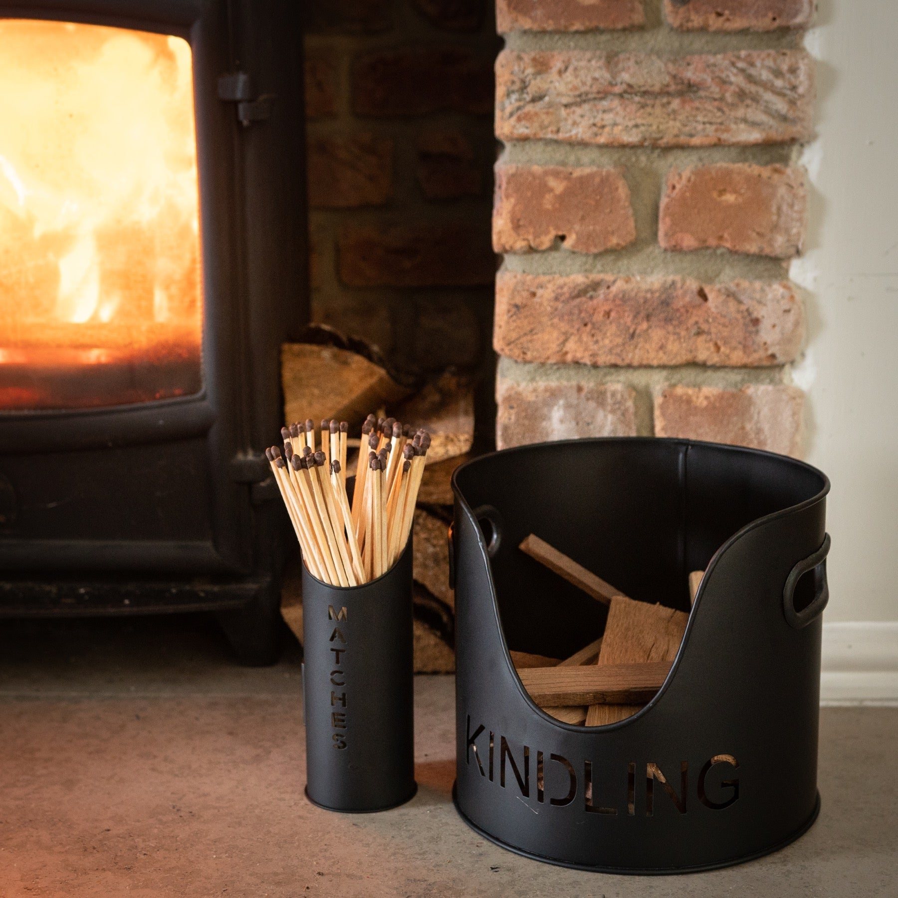 Black Finish Logs And Kindling Buckets & Matchstick Holder - Angela Reed -