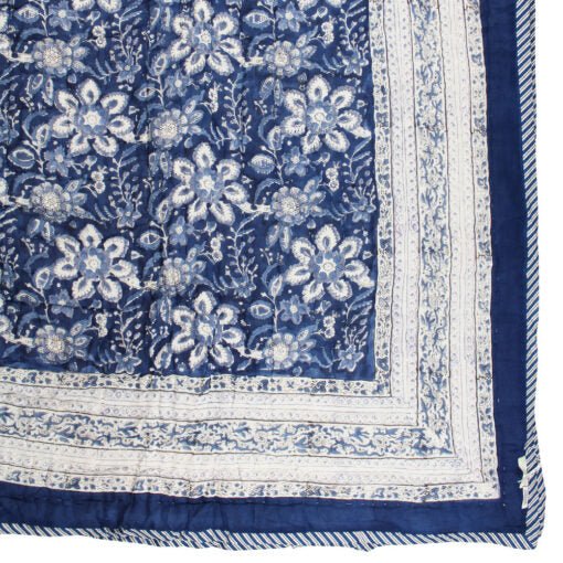 Blue and White Floral Print Cotton Bedspread - Angela Reed -