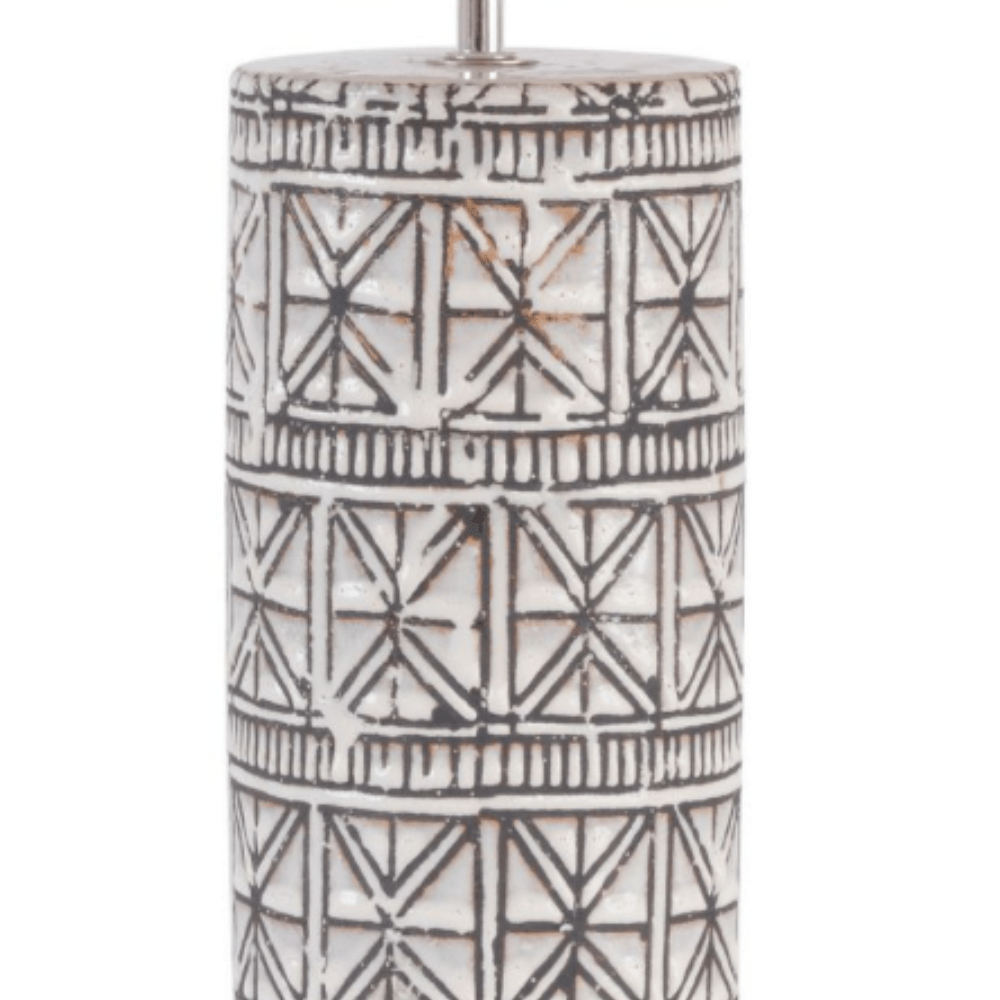 Brown Porcelain Table Lamp with Geo Pattern & Natural Shade, Large
