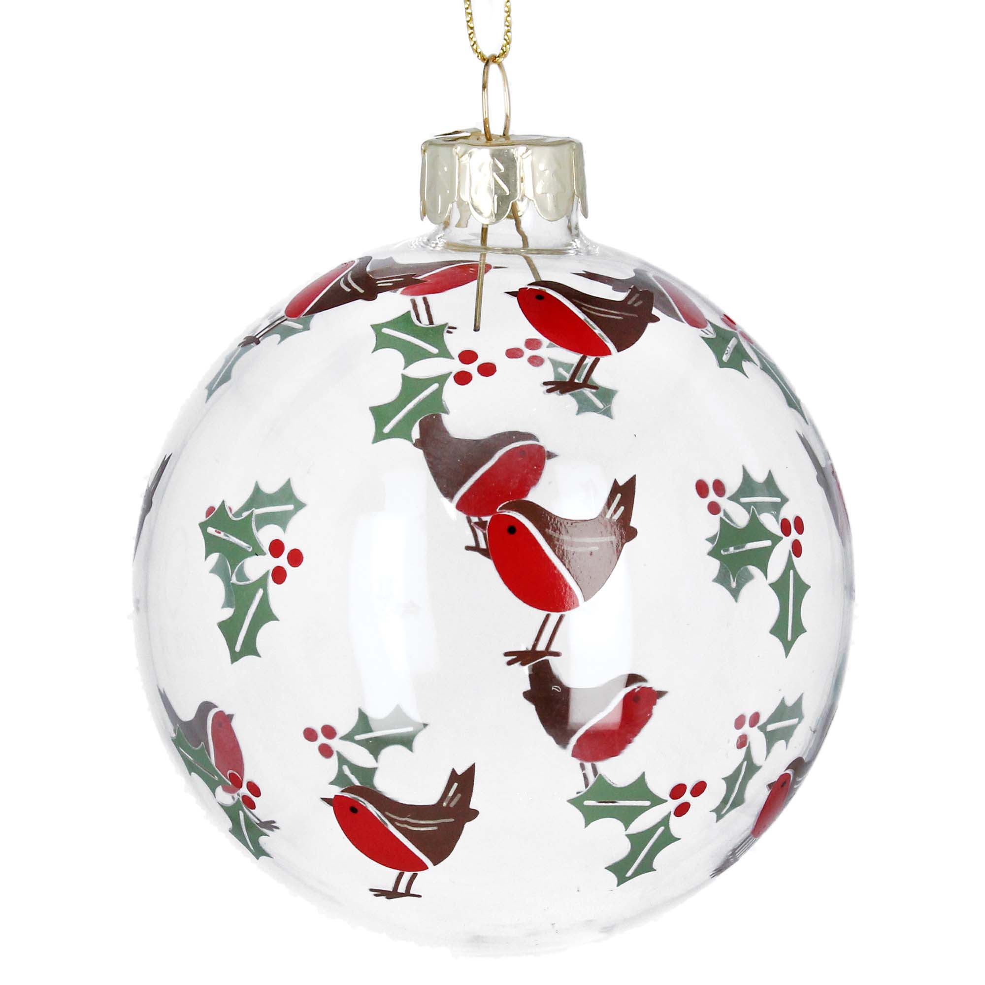 Clear Glass Bauble with Robins and Holly