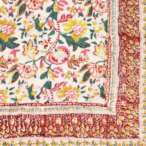 Dark Red, Green and Mustard Floral Print Cotton Bedspread - Angela Reed -