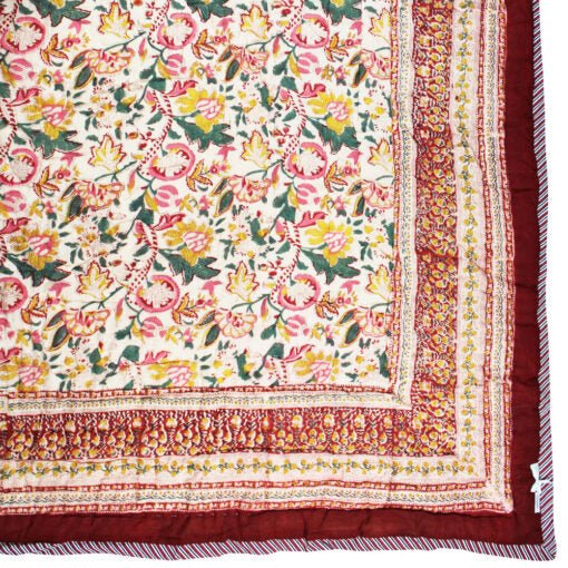 Dark Red, Green and Mustard Floral Print Cotton Bedspread - Angela Reed -