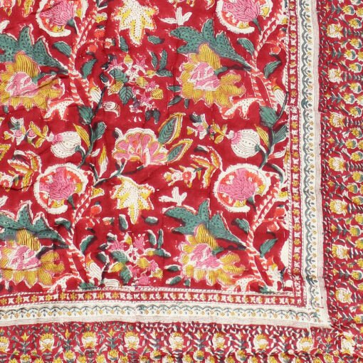 Dark Red, Green and Mustard Floral Print Cotton Bedspread - Angela Reed -