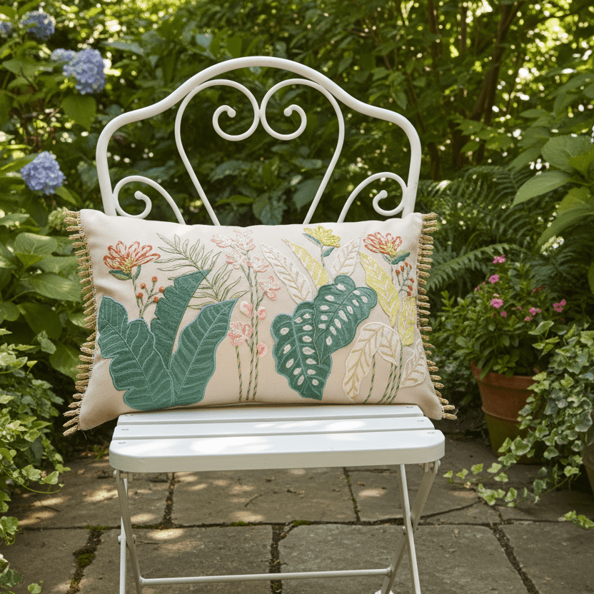 Embroidered Tropical Flowers Cushion