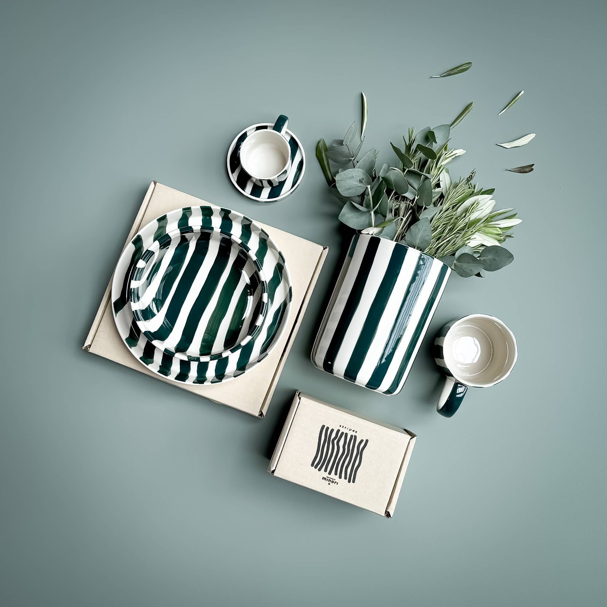 Espresso Striped Cups, Gentle Green