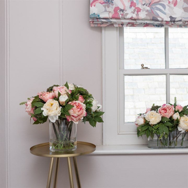 Faux Peony in Oblong Vase
