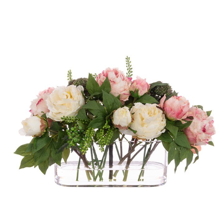 Faux Peony in Oblong Vase