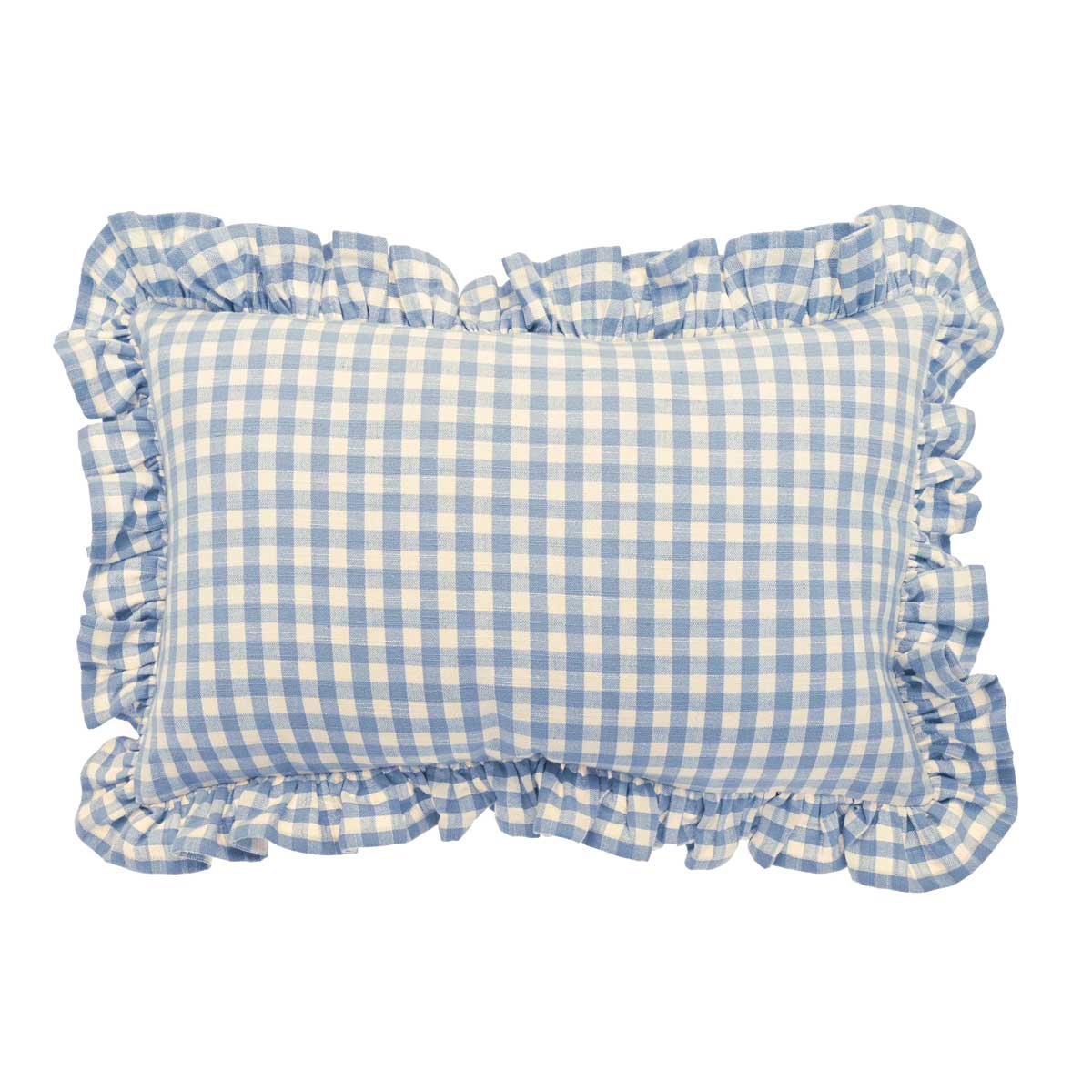 Gingham Linen Rectangular Ruffle Cushion, Blue