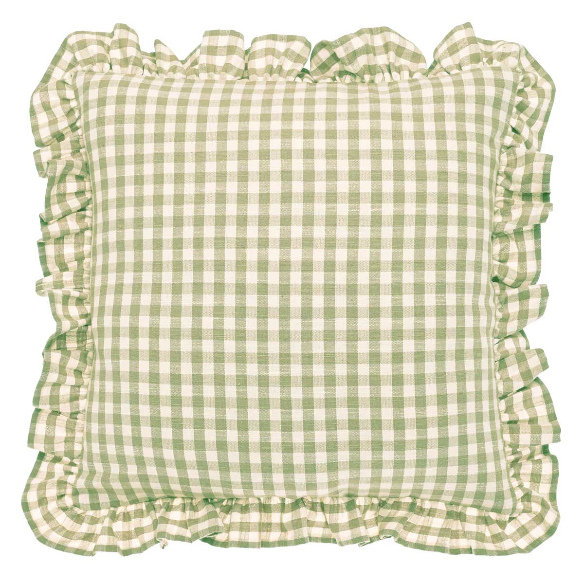 Gingham Linen Square Ruffle Cushion, Olive Green