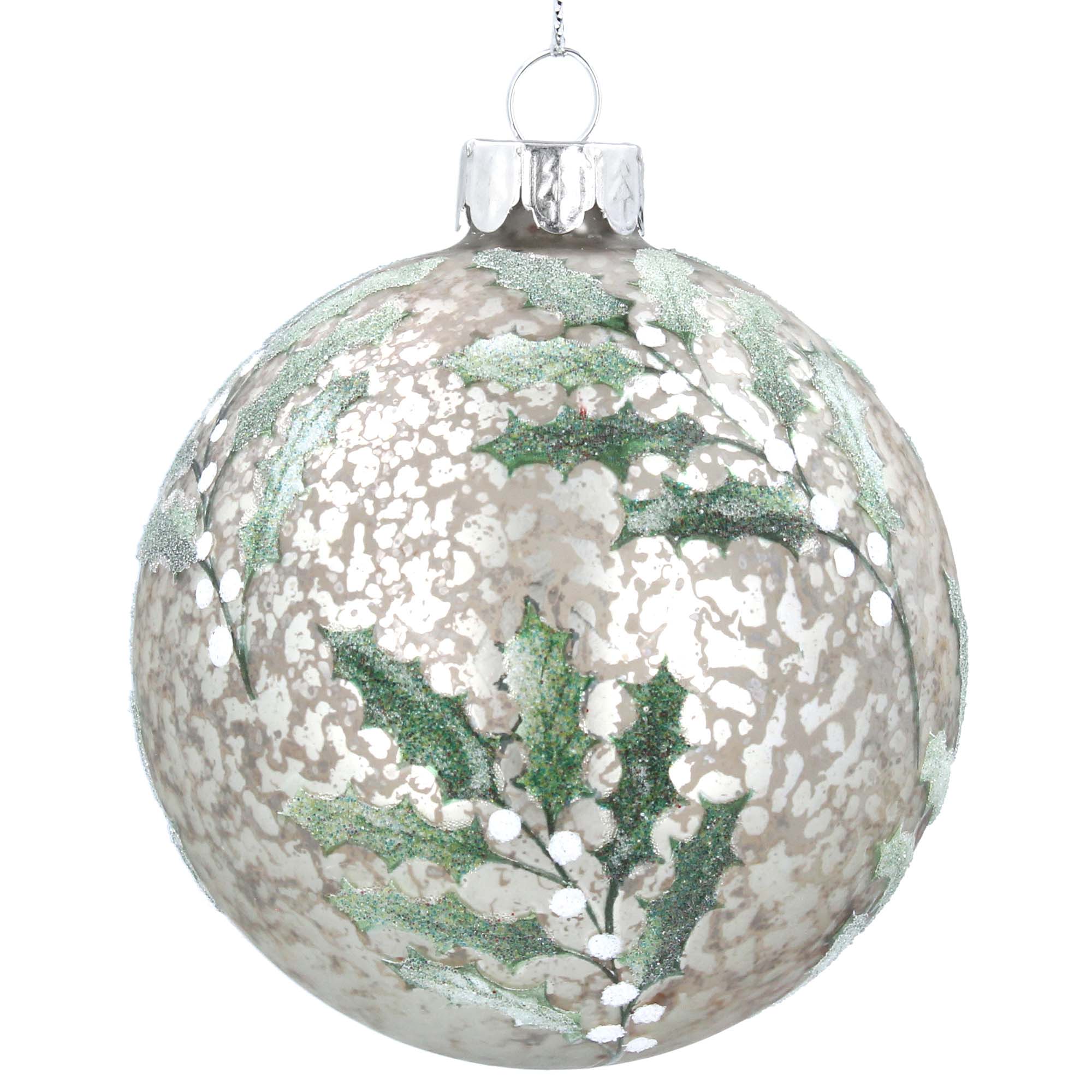 Glass Antique Silver Bauble with Holly