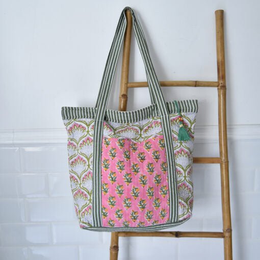Green and Pink Block Printed Small Quilted Tote Bag - Angela Reed -