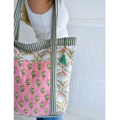 Green and Pink Block Printed Small Quilted Tote Bag - Angela Reed -
