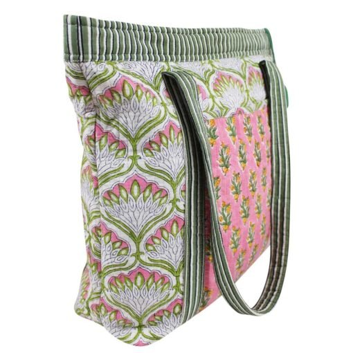 Green and Pink Block Printed Small Quilted Tote Bag - Angela Reed -