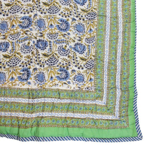 Green & Blue Floral Print Cotton Bedspread - Angela Reed -