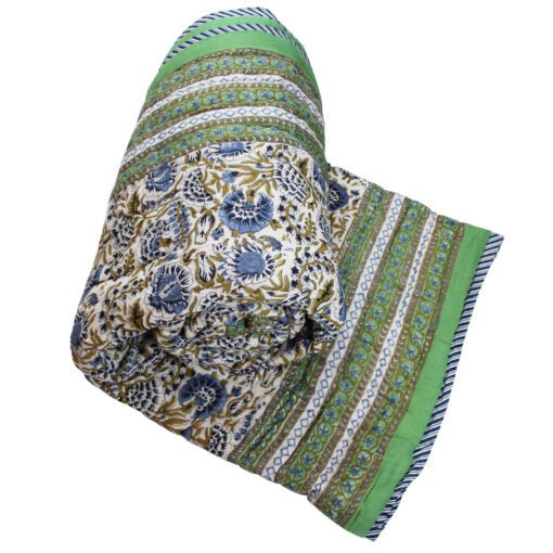 Green & Blue Floral Print Cotton Bedspread - Angela Reed -
