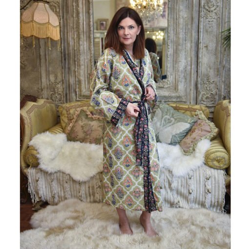 Green Framed Small Floral Block Print Dressing Gown - Angela Reed -