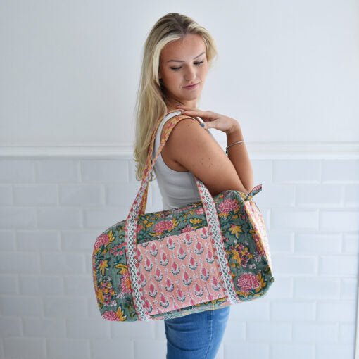 Green, Lemon & Pink Mixed Block Floral Zip Top Quilted Duffle Bag - Angela Reed -