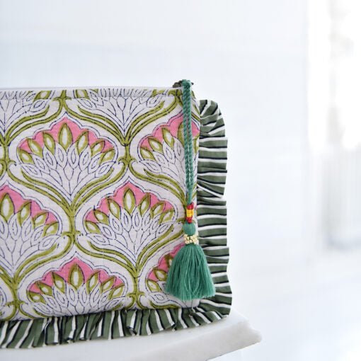 Green Ogee and Pink Mixed Fabric Quilted Make Up Bag - Angela Reed -