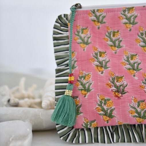 Green Ogee and Pink Mixed Fabric Quilted Make Up Bag - Angela Reed -