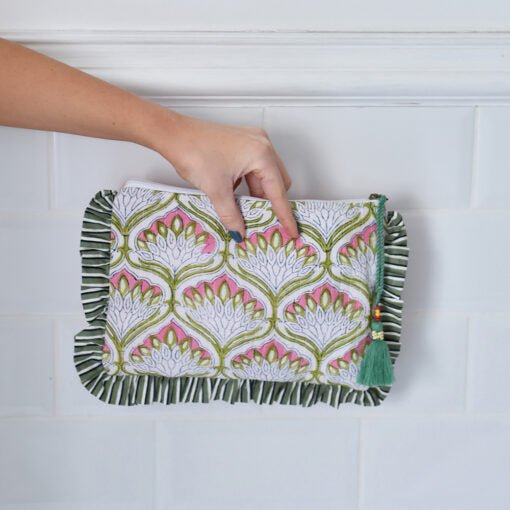 Green Ogee and Pink Mixed Fabric Quilted Make Up Bag - Angela Reed -