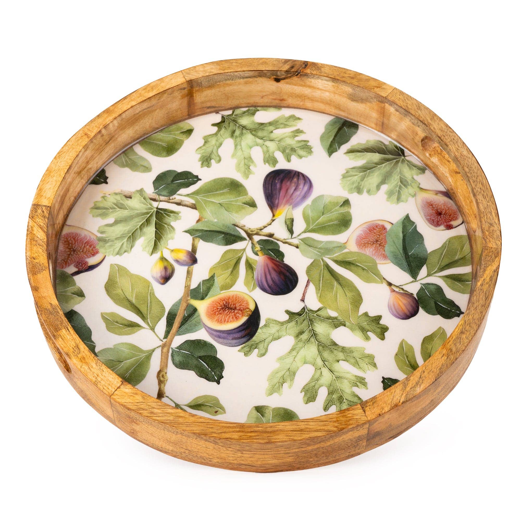 Handcrafted Mango Wood Round Tray, Figs