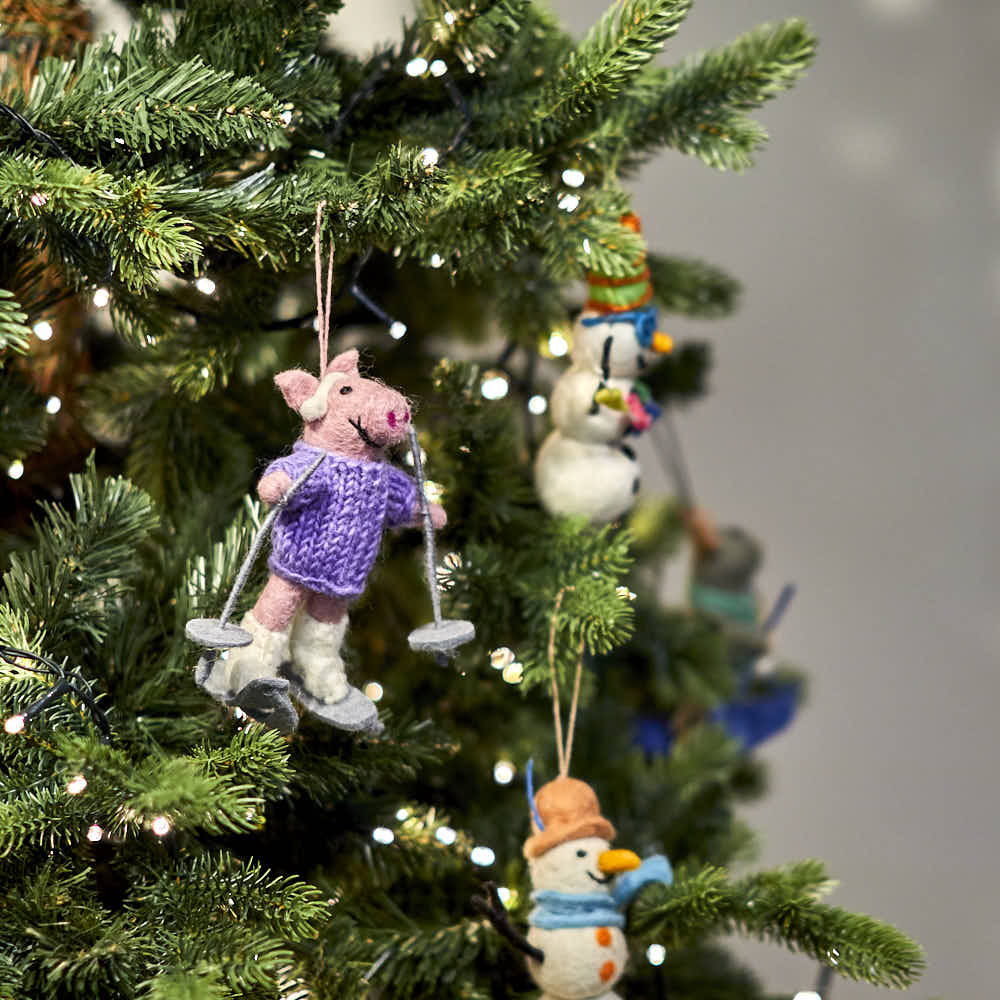 Handmade Felt Skiing Pig Hanging Decoration