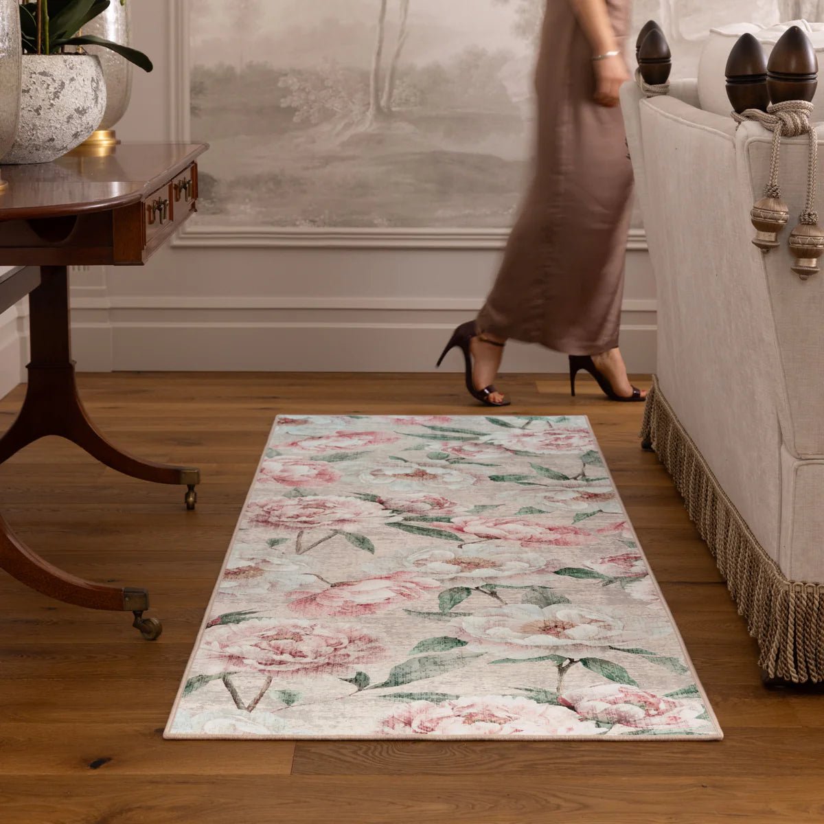 Hug Rug Eco-Washable Blooming Peonies Oyster Pink Rug 75 x 220cm,185 x 275cm,160 x 230cm,120 x 185cm