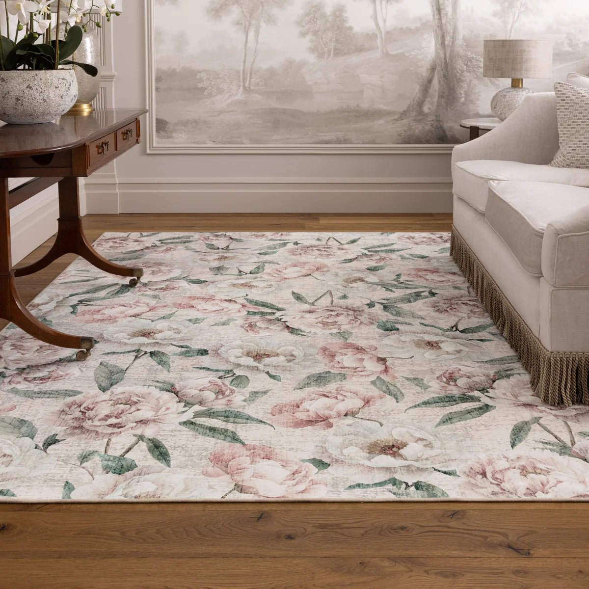 Hug Rug Eco-Washable Blooming Peonies Oyster Pink Rug 75 x 220cm,185 x 275cm,160 x 230cm,120 x 185cm