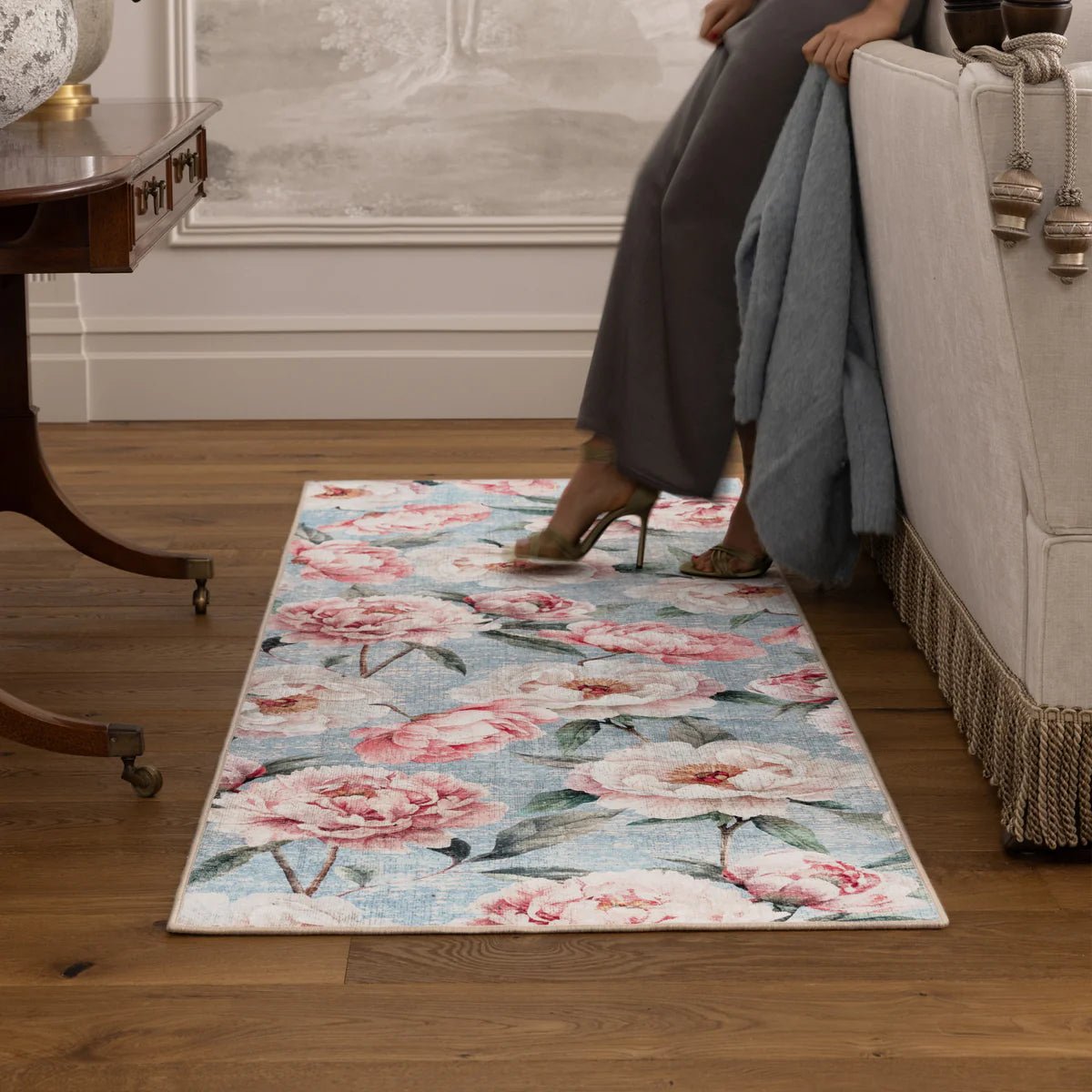 Hug Rug Eco-Washable Blooming Peonies Powder Blue Rug 75 x 220cm,185 x 275cm,160 x 230cm,120 x 185cm