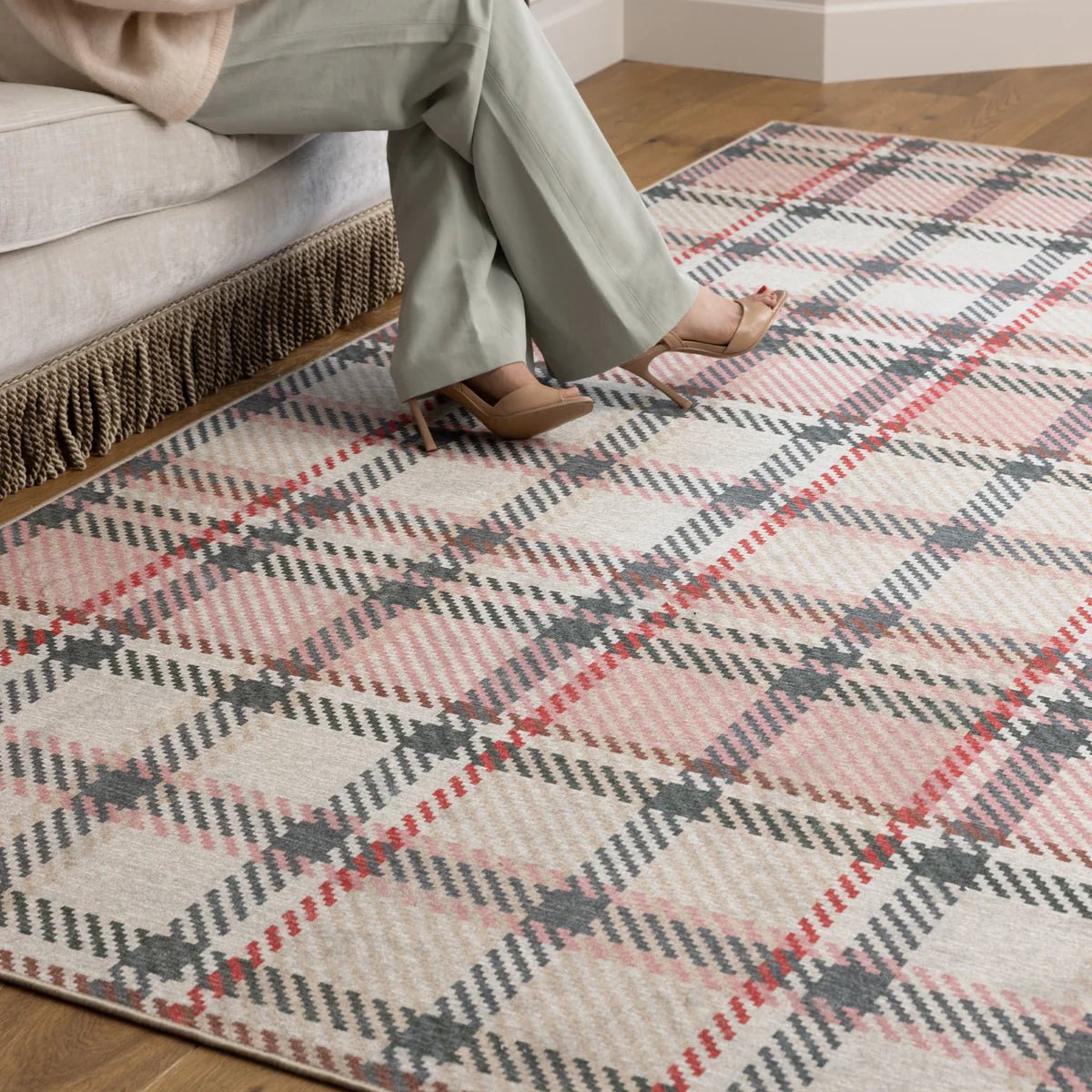 Hug Rug Eco-Washable Isla Plaid Pink Rug 75 x 220cm,185 x 275cm,160 x 230cm,120 x 185cm