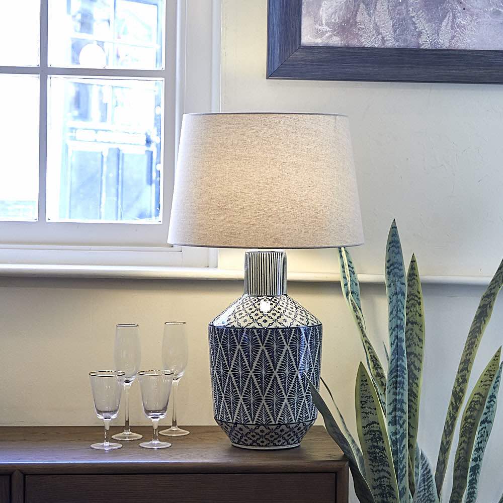 Indigo Diamond Patterned Lamp with Shade