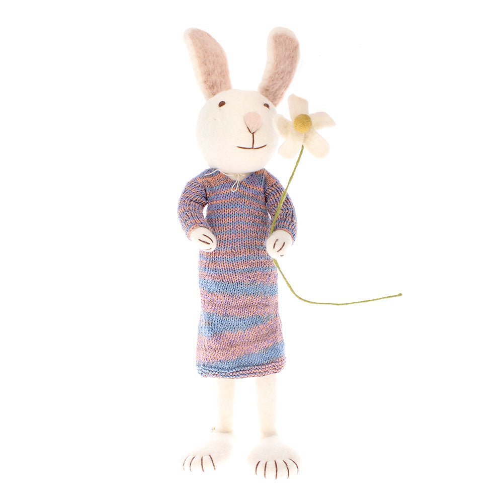 Large Felt White Bunny with Multicoloured Dress and Marguerite