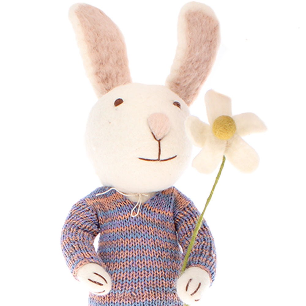 Large Felt White Bunny with Multicoloured Dress and Marguerite