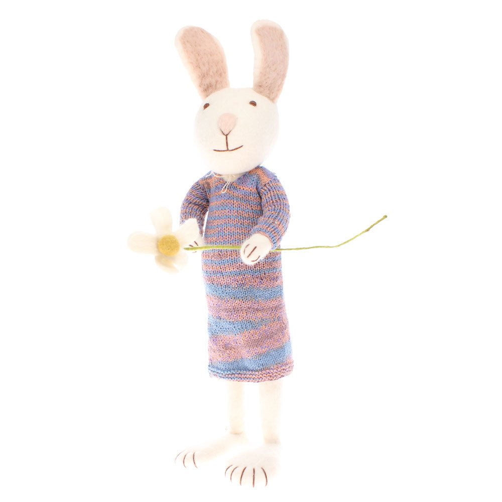 Large Felt White Bunny with Multicoloured Dress and Marguerite