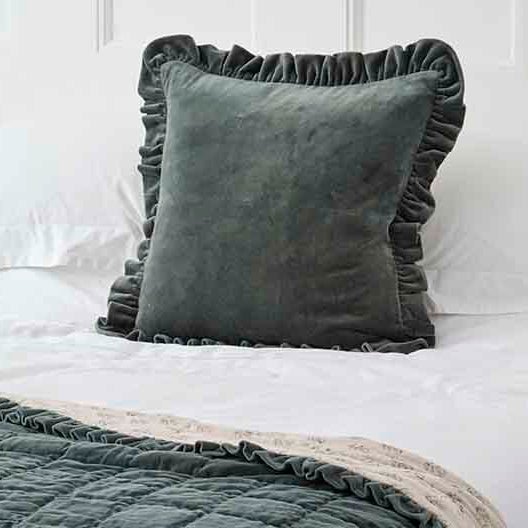 Matilda Velvet Ruffle Cushion, Teal - Angela Reed -