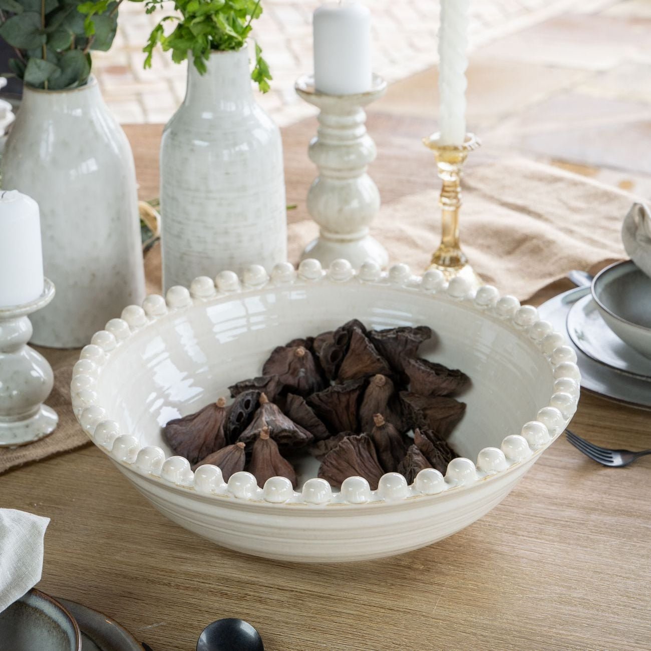 Mediterranean Bobble Ceramic Bowl, Cream