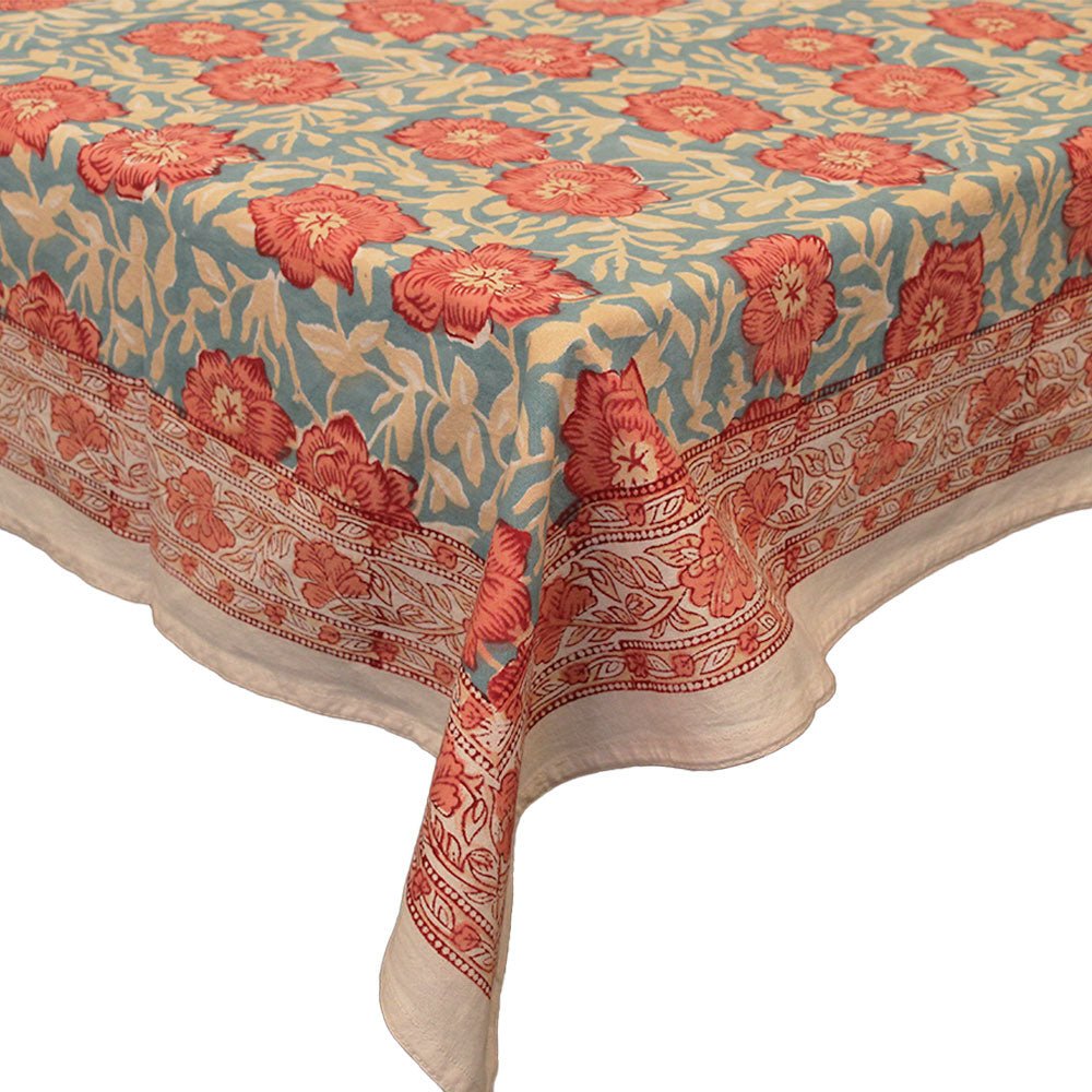 Peach and Blue Indian Floral Tablecloth - Angela Reed -