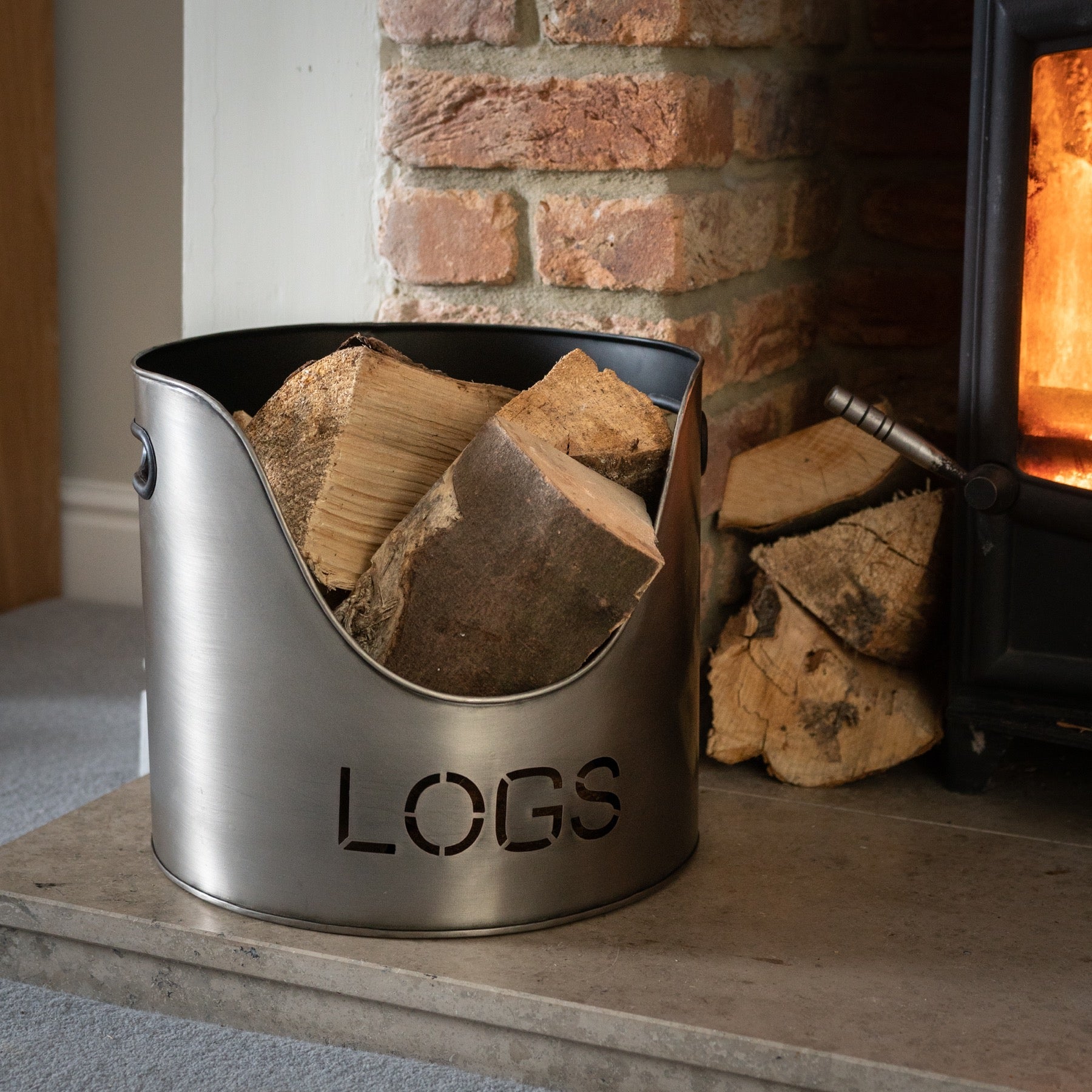 Pewter Finish Logs And Kindling Buckets & Matchstick Holder - Angela Reed -