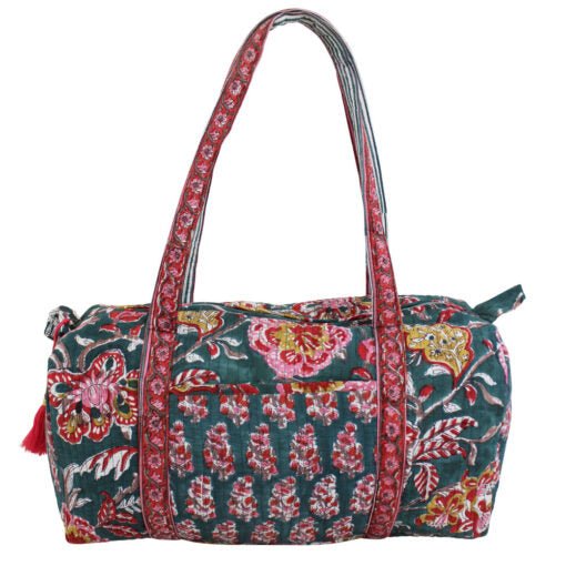 Pine Green, Red, Pink & Mustard Block Print Quilted Duffle Bag - Angela Reed -