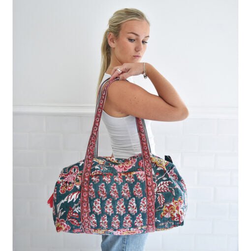 Pine Green, Red, Pink & Mustard Block Print Quilted Duffle Bag - Angela Reed -
