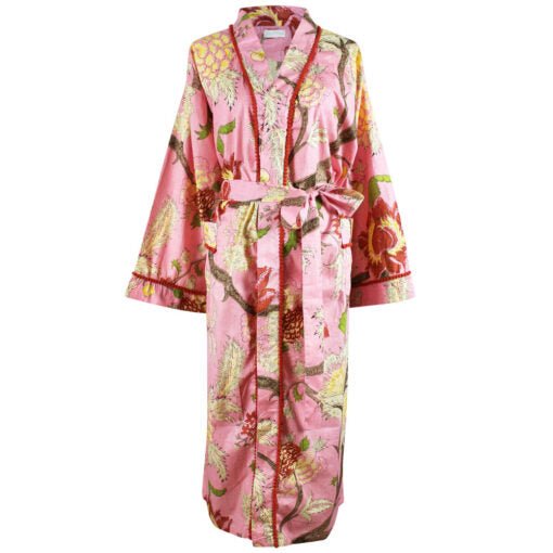Pink, Cream & Burnt Orange Large Botanical Print Dressing Gown - Angela Reed -
