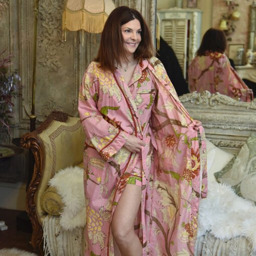 Pink, Cream & Burnt Orange Large Botanical Print Dressing Gown - Angela Reed -