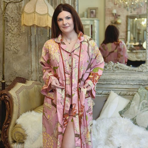 Pink, Cream & Burnt Orange Large Botanical Print Dressing Gown - Angela Reed -