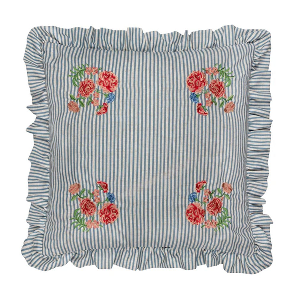 Ruffled Embroidered Cushion in Blue