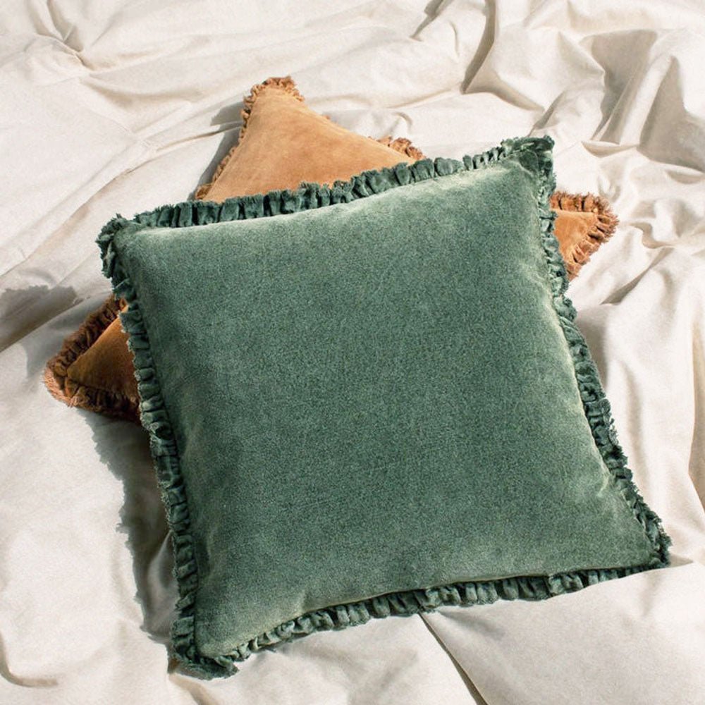 Ruffled Velvet Cushion in Moss Green