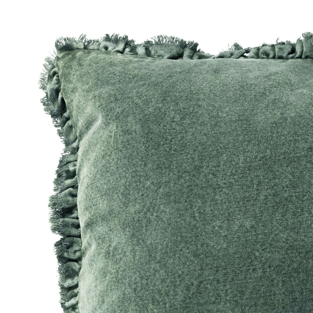 Ruffled Velvet Cushion in Moss Green