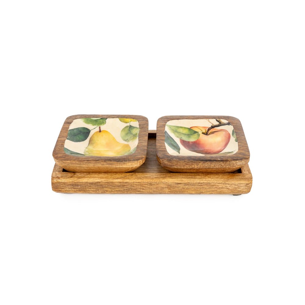 Set of 2 Small Mango Wood Dipping Bowls, Apples & Pears