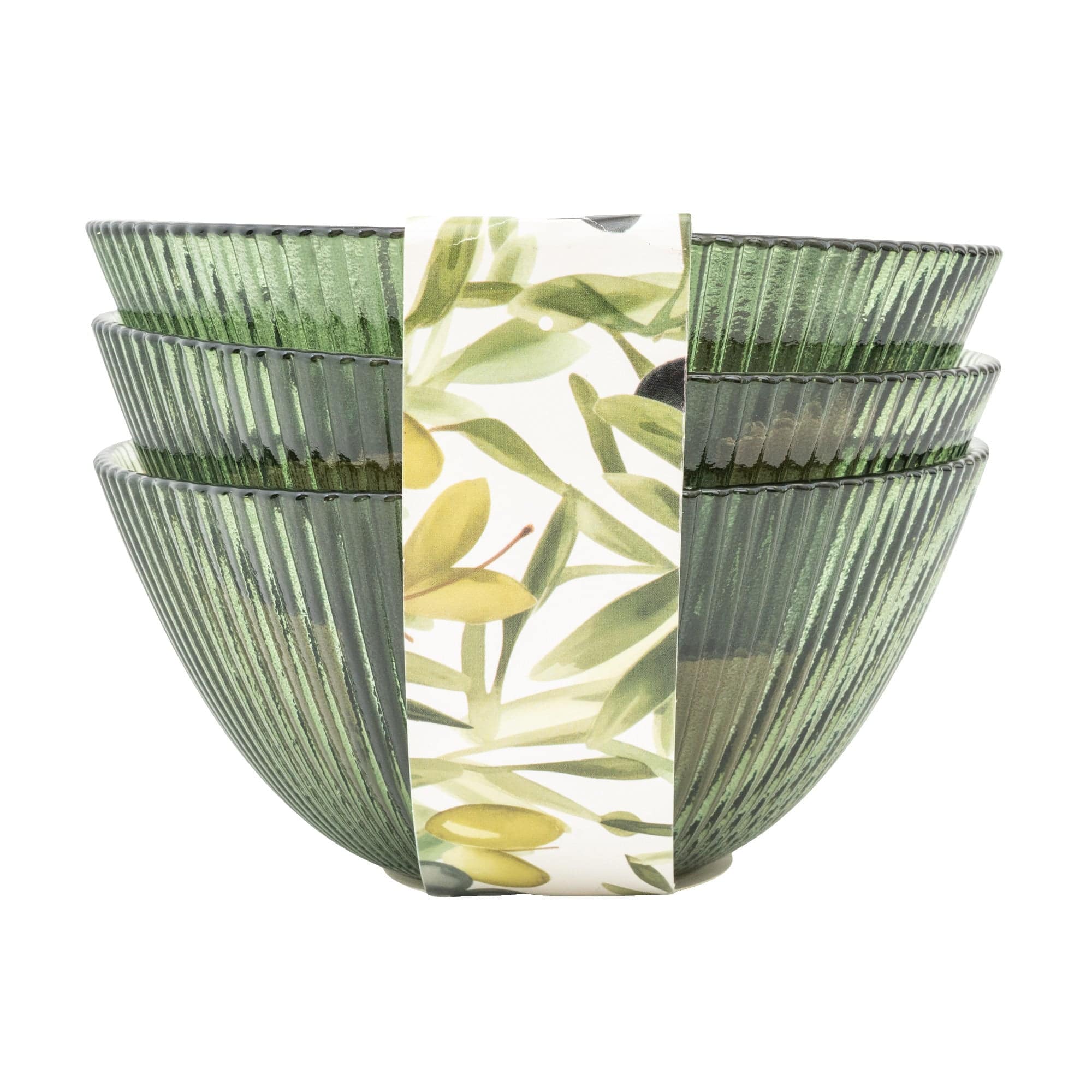 Set of 3 Ridged Glass Bowls, Olive Green